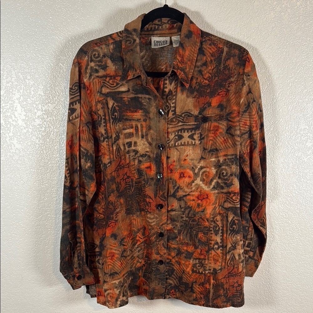 Chico’s Design Vintage Linen Artsy Boho Button Down Over Shirt Size 1 (Medium)